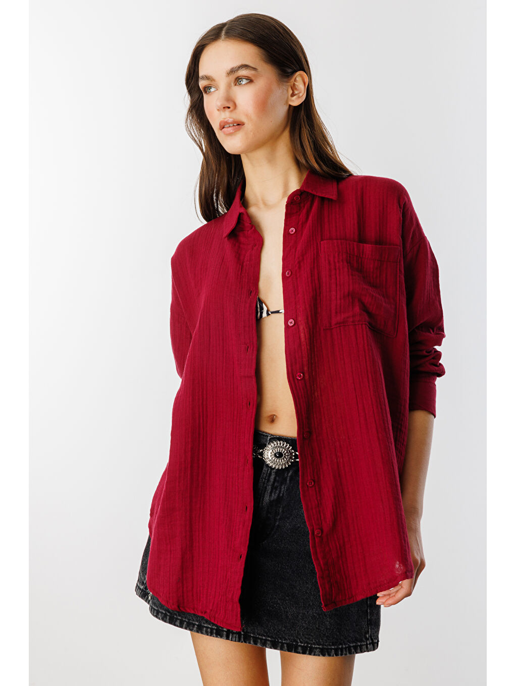 Bordo Oversize Basic Müslin Kadın Gömlek KADIN-MÜSLİN-GÖMLEK-2