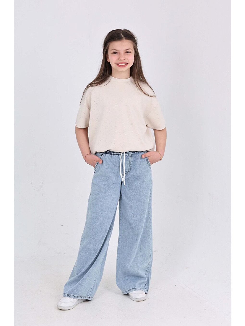 Ekru Kız Çocuk 2'li Jean Takım (Pantolon+Bluz) 7-12 Yaş 12666