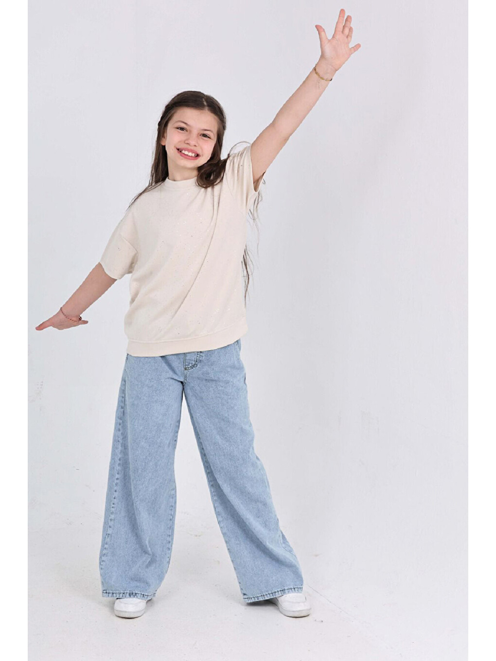 Ekru Kız Çocuk 2'li Jean Takım (Pantolon+Bluz) 7-12 Yaş 12666-1