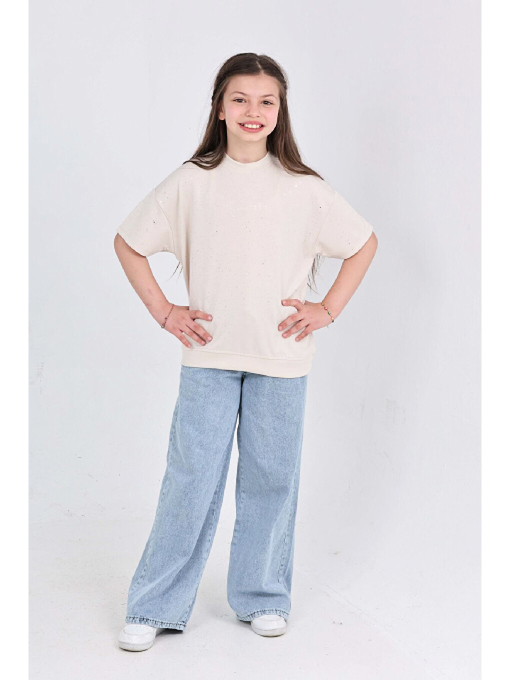 Ekru Kız Çocuk 2'li Jean Takım (Pantolon+Bluz) 7-12 Yaş 12666-2