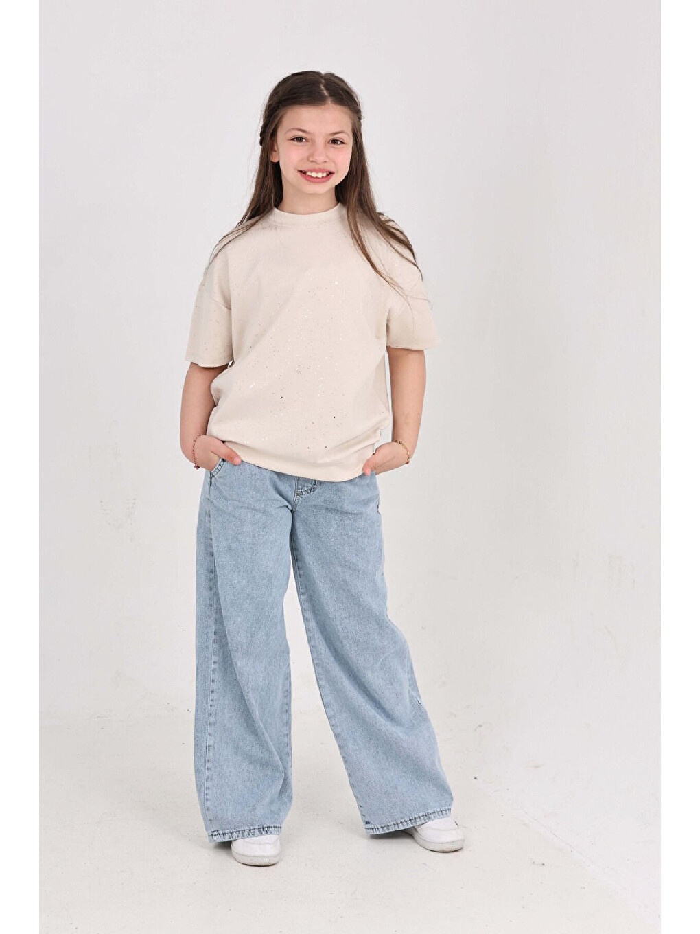 Ekru Kız Çocuk 2'li Jean Takım (Pantolon+Bluz) 7-12 Yaş 12666-3