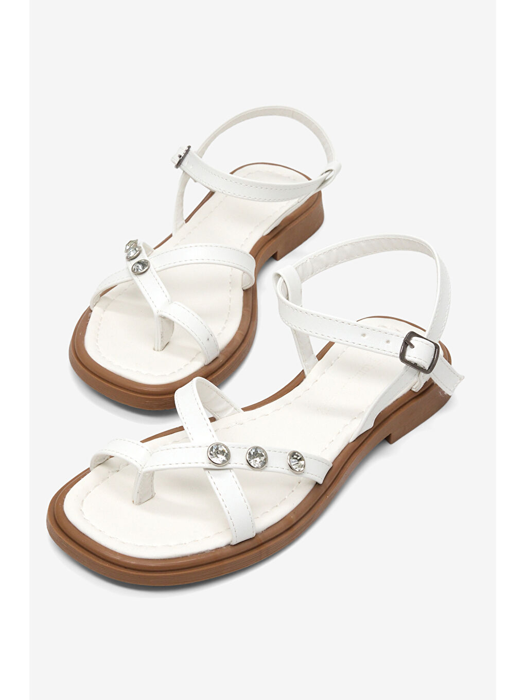 Kadın Beyaz Rahat Kalıp Taşlı Parmak Arası Sandalet-1