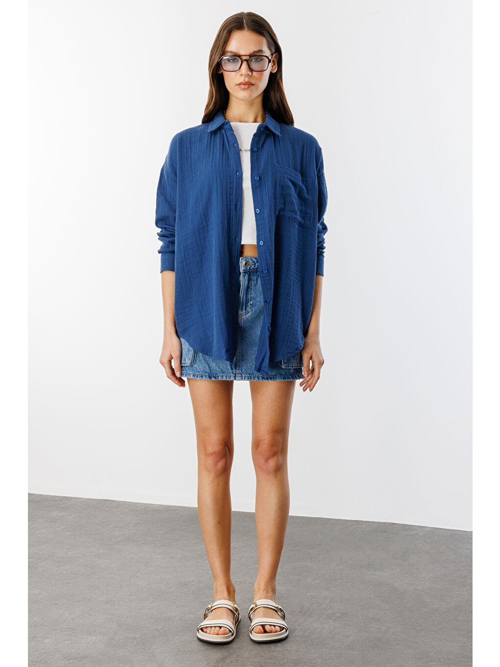 Lacivert Oversize Basic Müslin Kadın Gömlek KADIN-MÜSLİN-GÖMLEK-1
