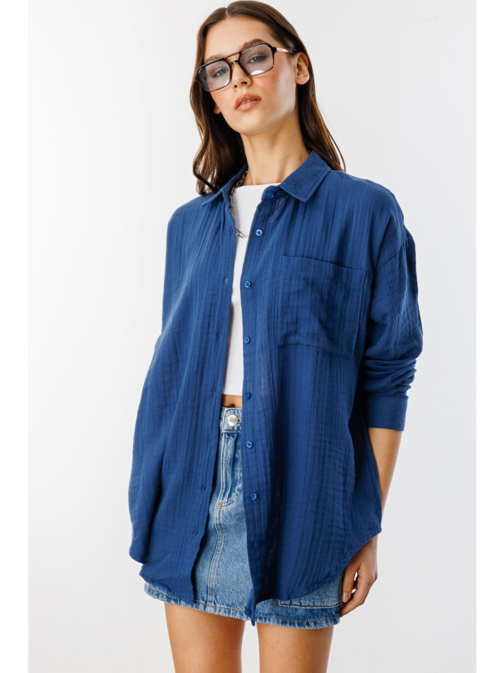 Lacivert Oversize Basic Müslin Kadın Gömlek KADIN-MÜSLİN-GÖMLEK-2
