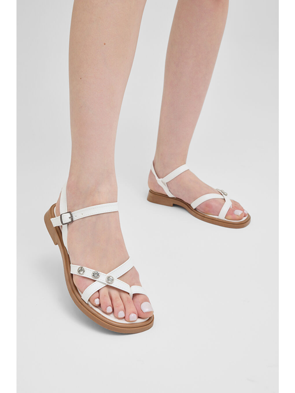 Kadın Beyaz Rahat Kalıp Taşlı Parmak Arası Sandalet-2