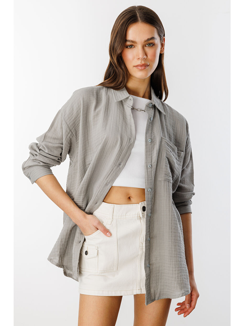 Gri Oversize Basic Müslin Kadın Gömlek KADIN-MÜSLİN-GÖMLEK-2