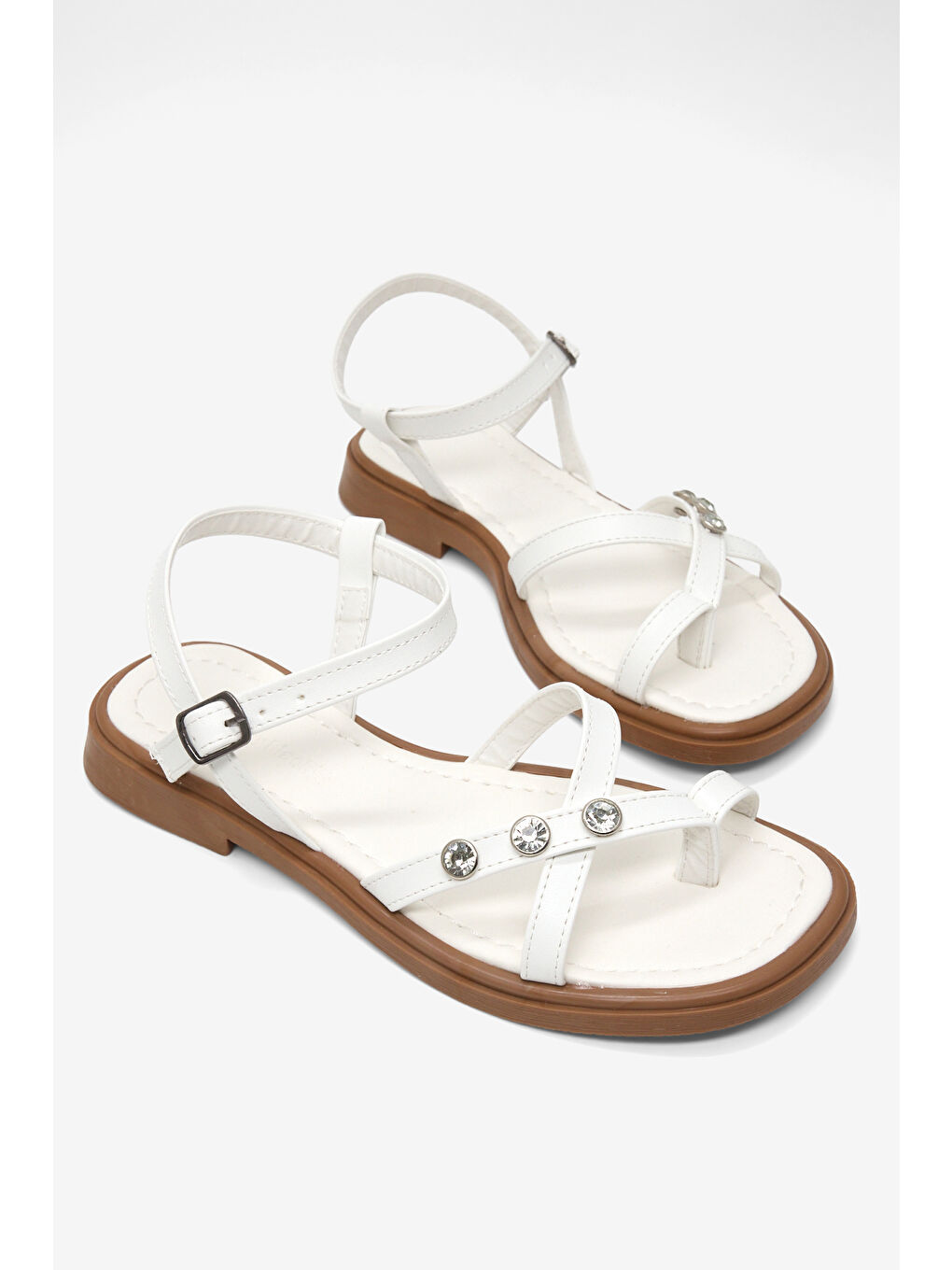 Kadın Beyaz Rahat Kalıp Taşlı Parmak Arası Sandalet-3