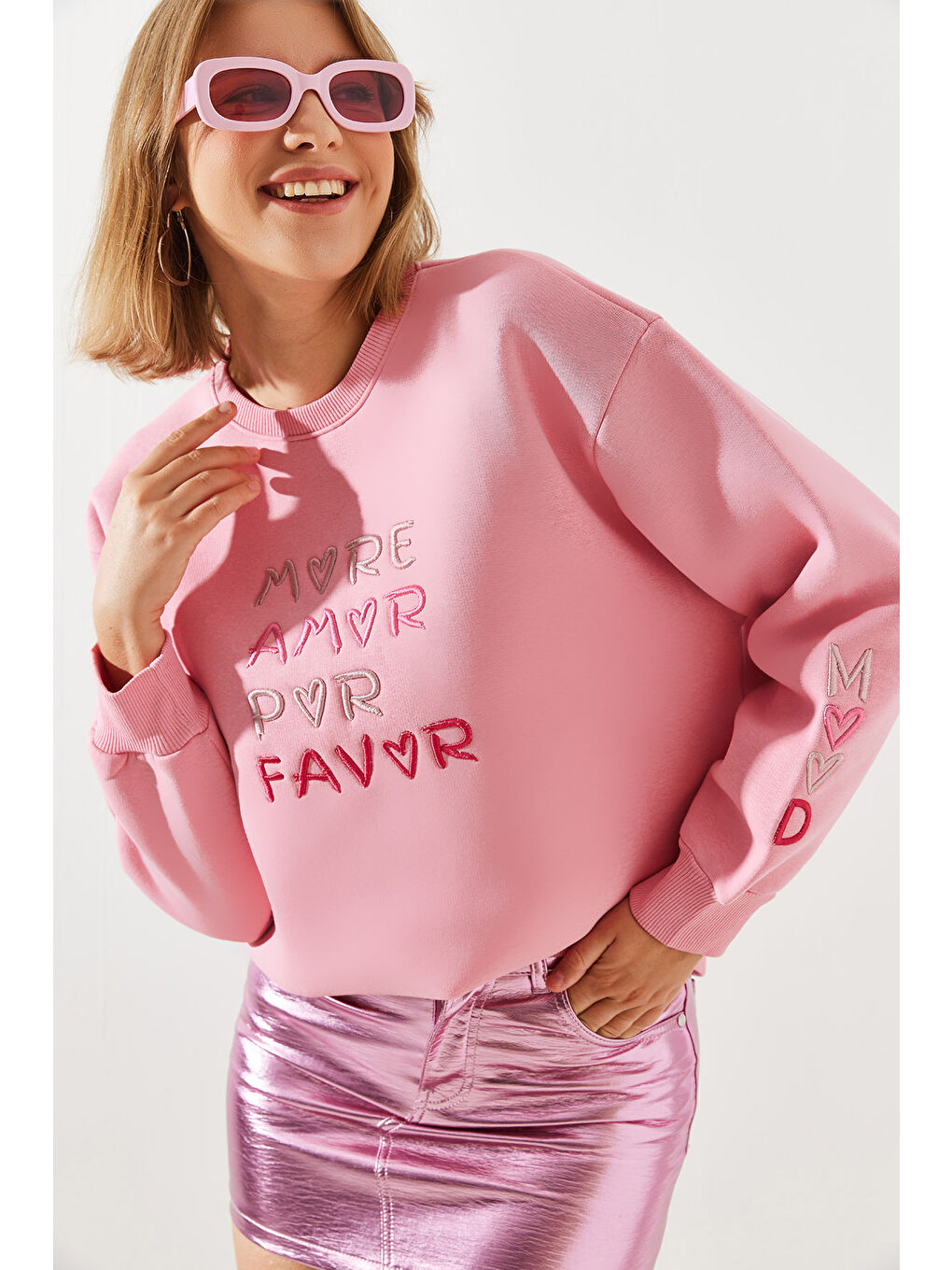 SHADE Pembe Kadın Kalp ve Yazı Nakışlı Sweatshirt - 1