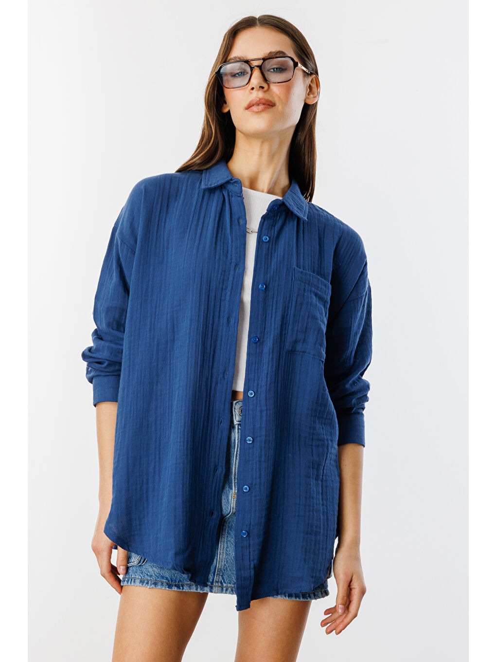Lacivert Oversize Basic Müslin Kadın Gömlek KADIN-MÜSLİN-GÖMLEK-4