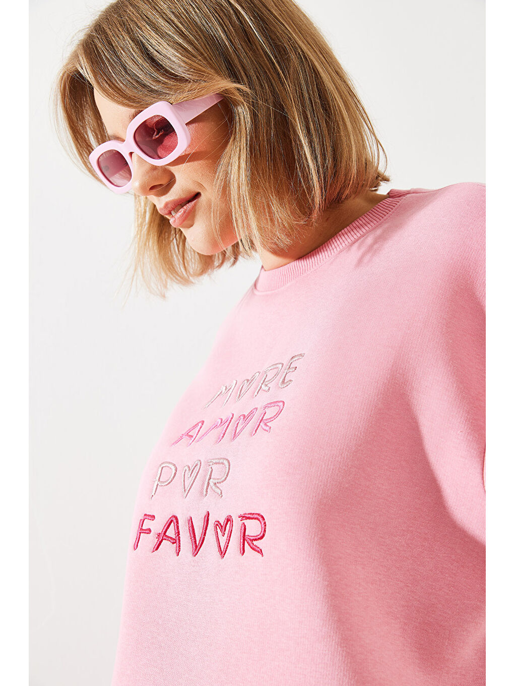 SHADE Pembe Kadın Kalp ve Yazı Nakışlı Sweatshirt - 3