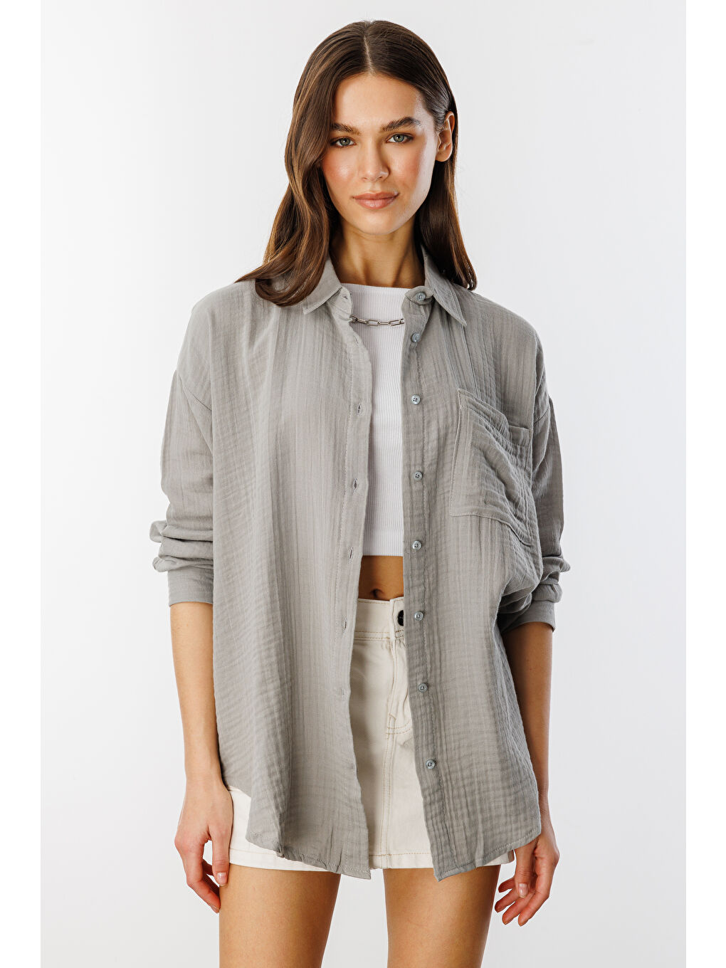 Gri Oversize Basic Müslin Kadın Gömlek KADIN-MÜSLİN-GÖMLEK-3