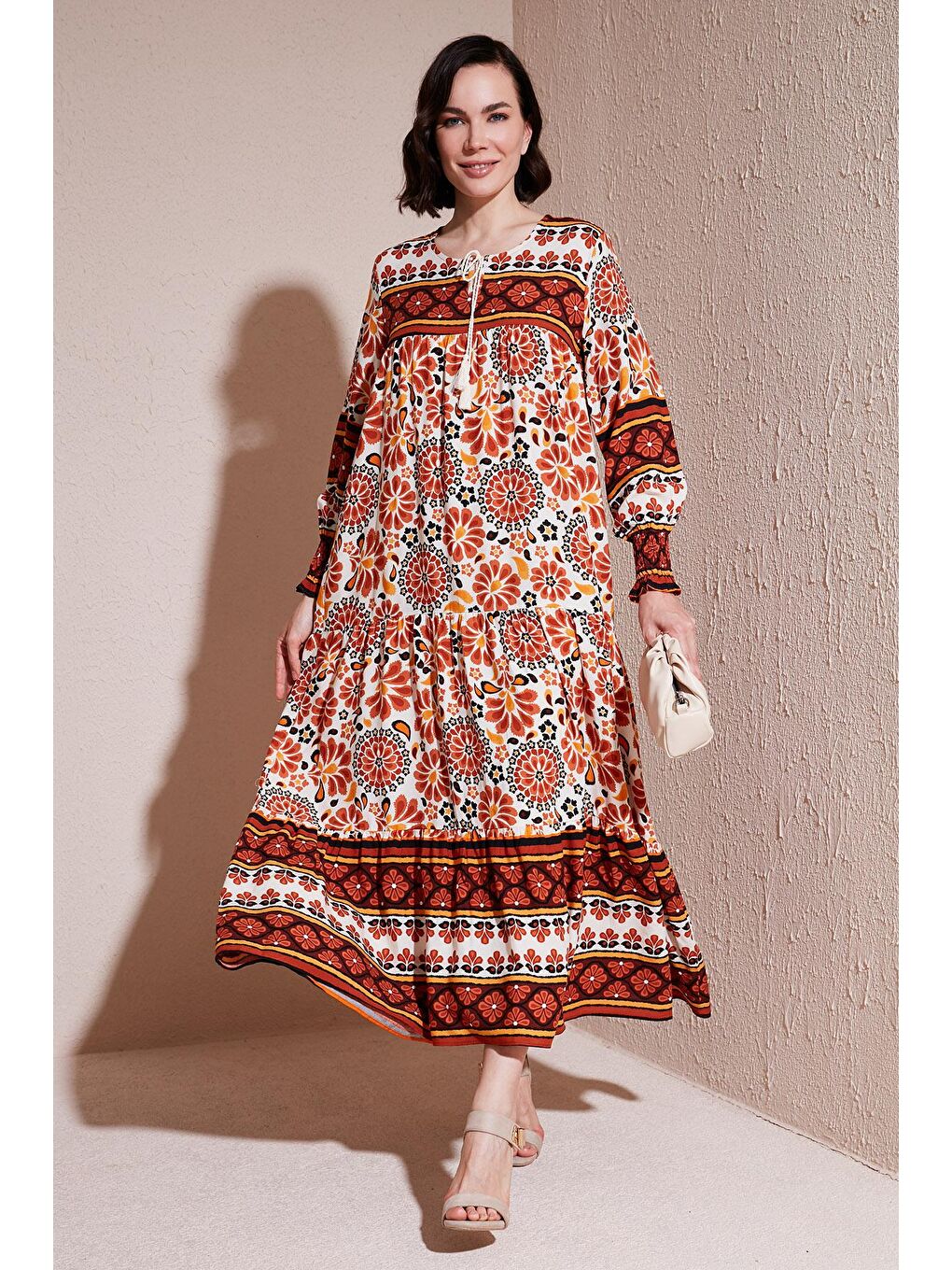 Sarı Modest Desenli Relaxed Fit Uzun Elbise 66921752S4