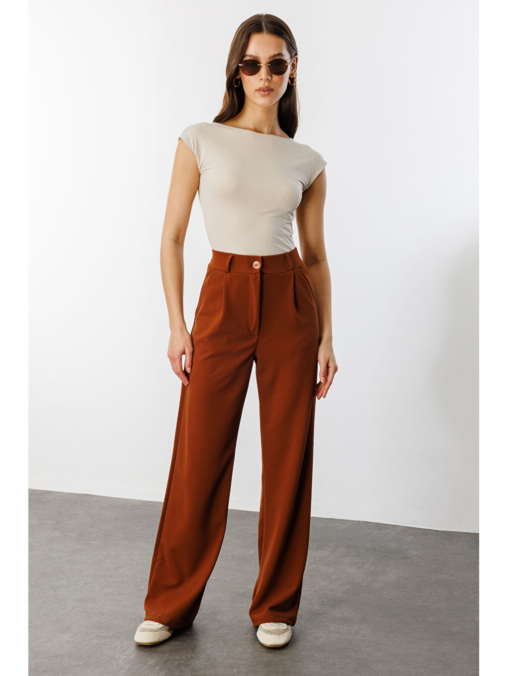 Genius Store Kahverengi Kadın Oversize Palazzo Pantolon PANTOLON-001