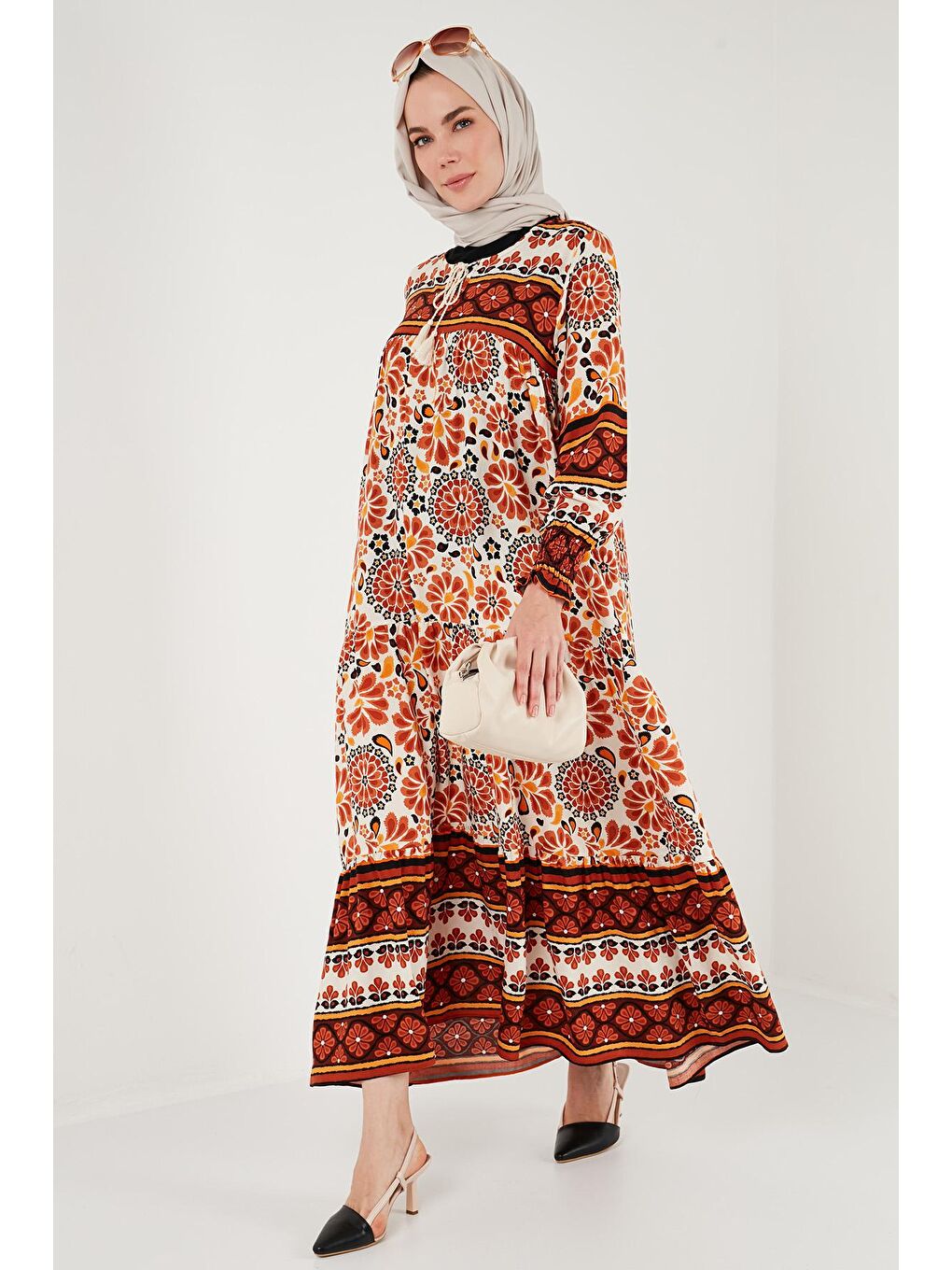 Sarı Modest Desenli Relaxed Fit Uzun Elbise 66921752S4-1