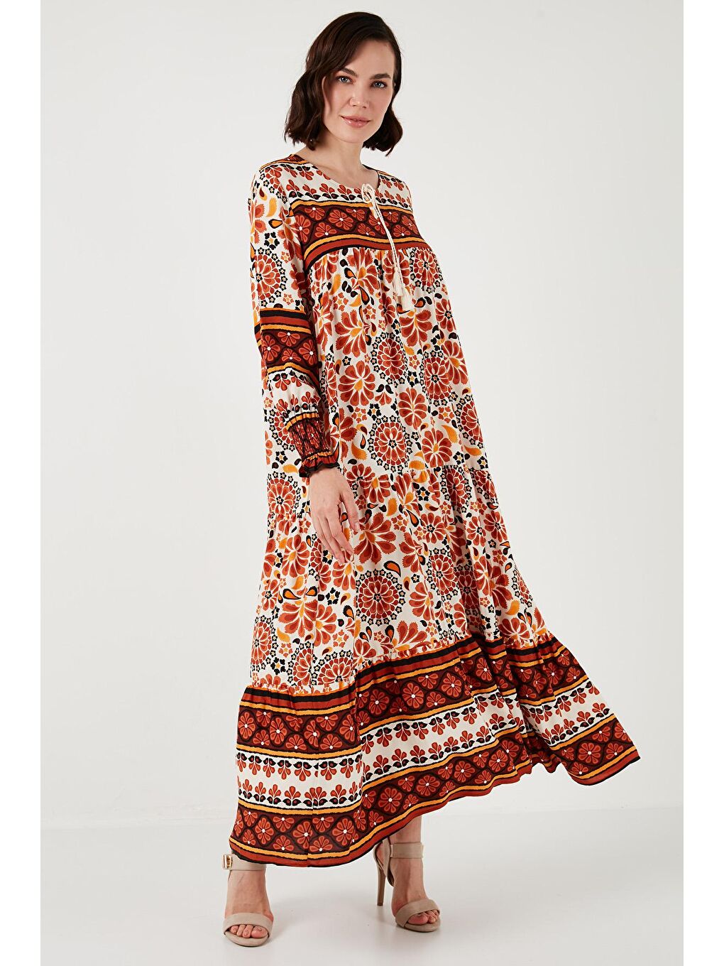 Sarı Modest Desenli Relaxed Fit Uzun Elbise 66921752S4-2