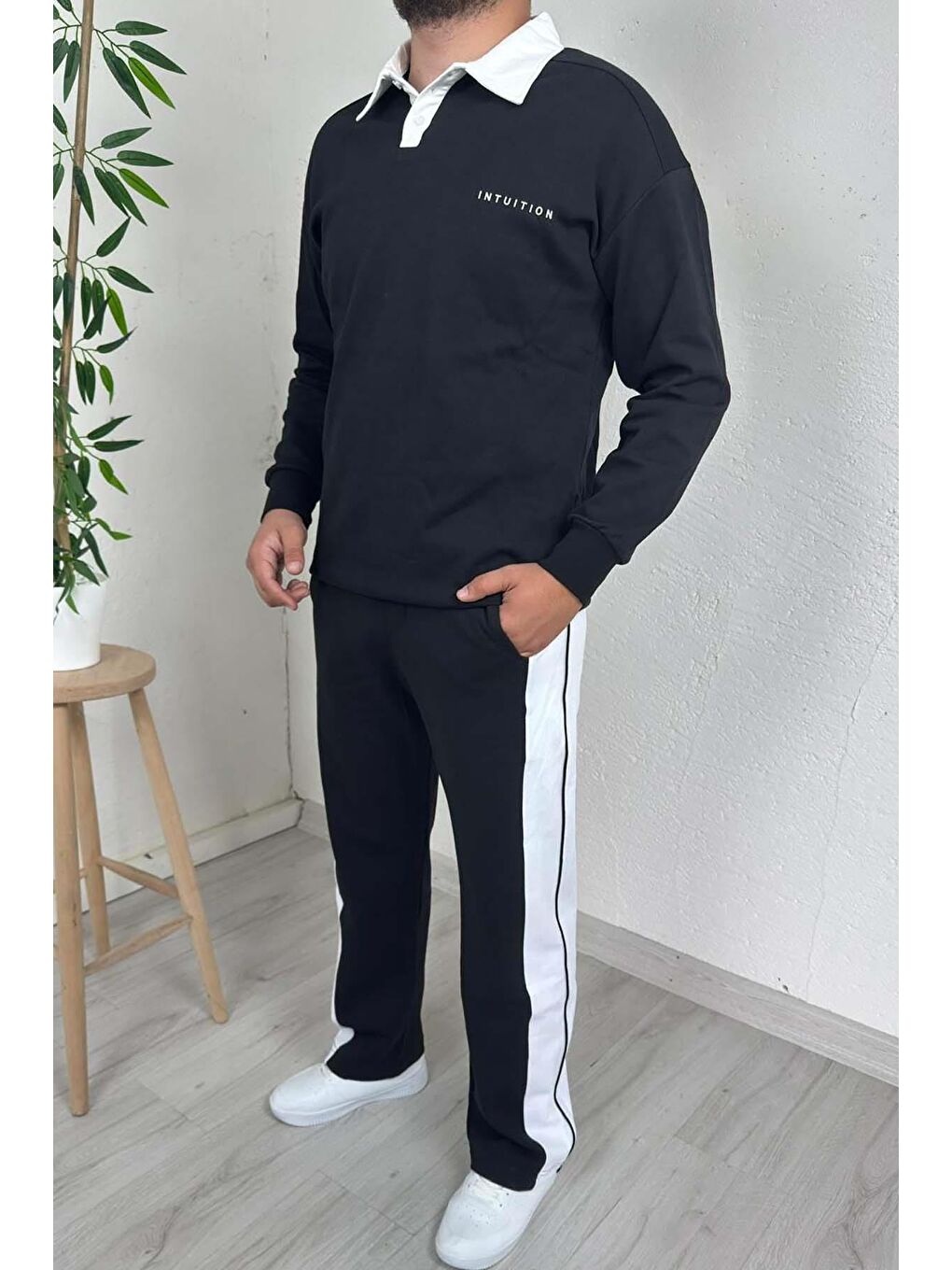 - Erkek Siyah Polo Yaka Baggy Çizgili Günlük Takım