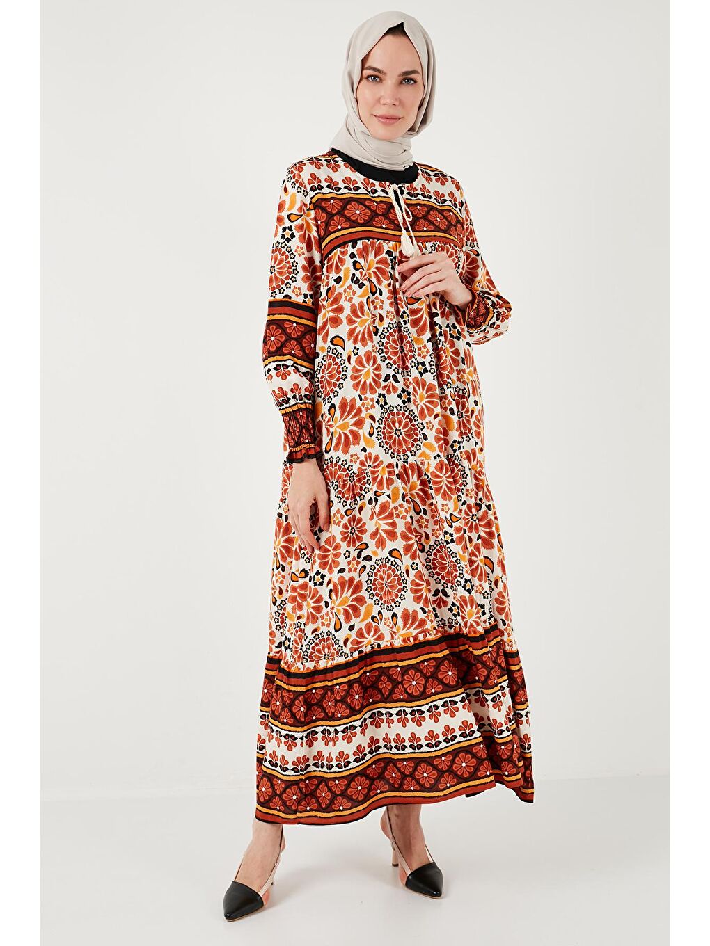 Sarı Modest Desenli Relaxed Fit Uzun Elbise 66921752S4-4