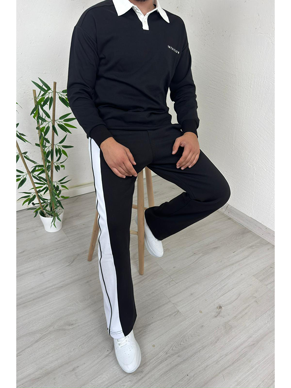 - Erkek Siyah Polo Yaka Baggy Çizgili Günlük Takım-1