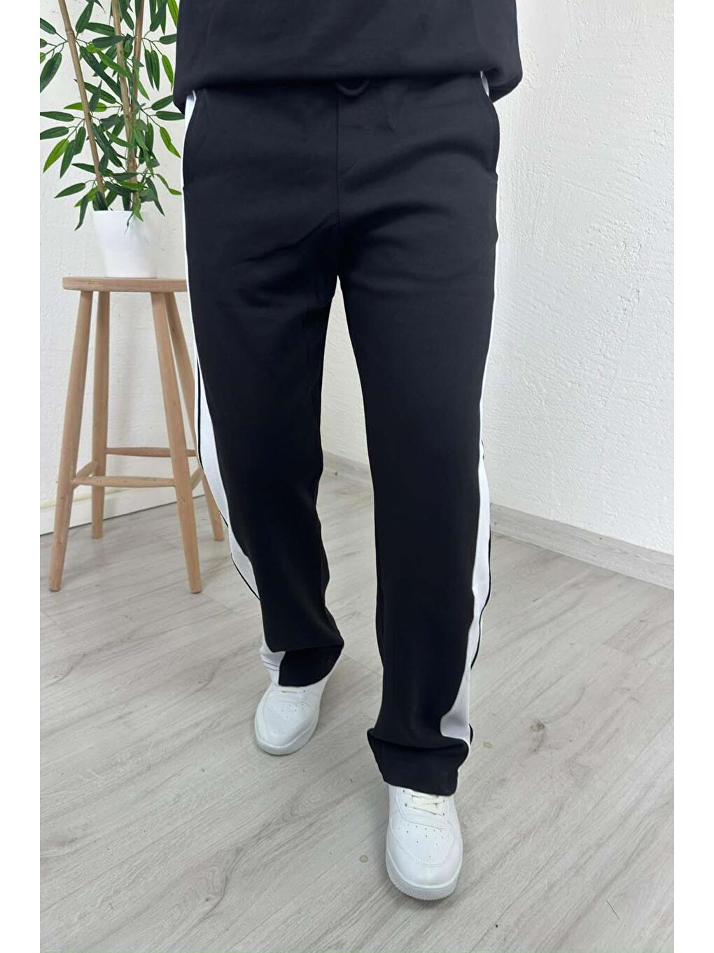 - Erkek Siyah Polo Yaka Baggy Çizgili Günlük Takım-2