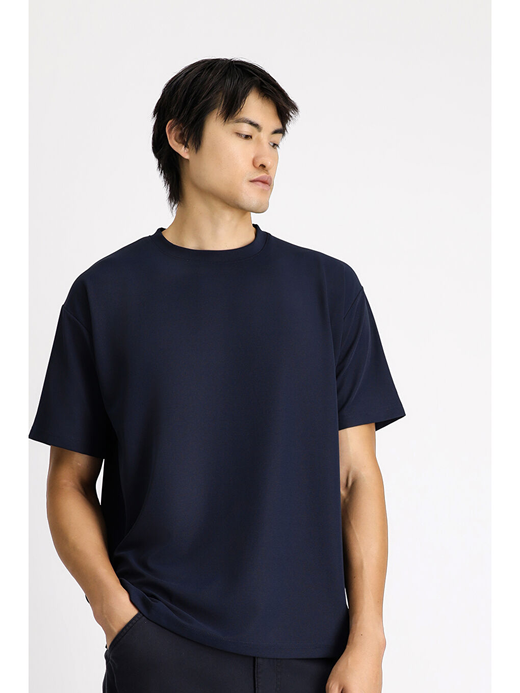 Lacivert Bisiklet Yaka Oversize Elastanlı Tişört