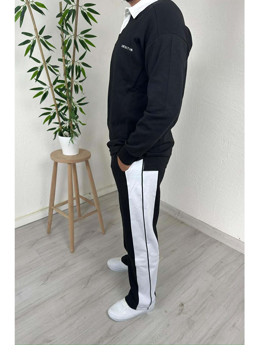 - Erkek Siyah Polo Yaka Baggy Çizgili Günlük Takım-3