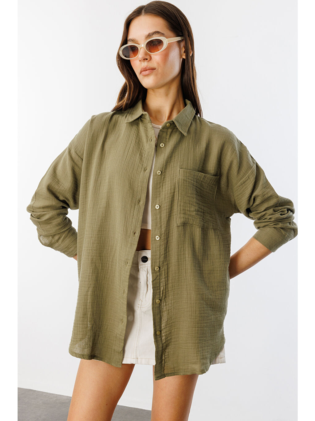 Haki Oversize Basic Müslin Kadın Gömlek KADIN-MÜSLİN-GÖMLEK-1