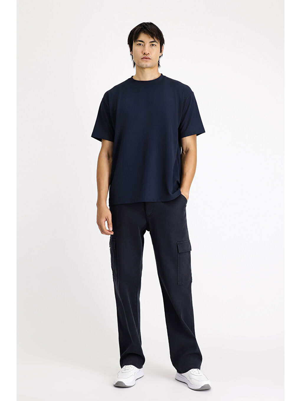 Lacivert Bisiklet Yaka Oversize Elastanlı Tişört-1