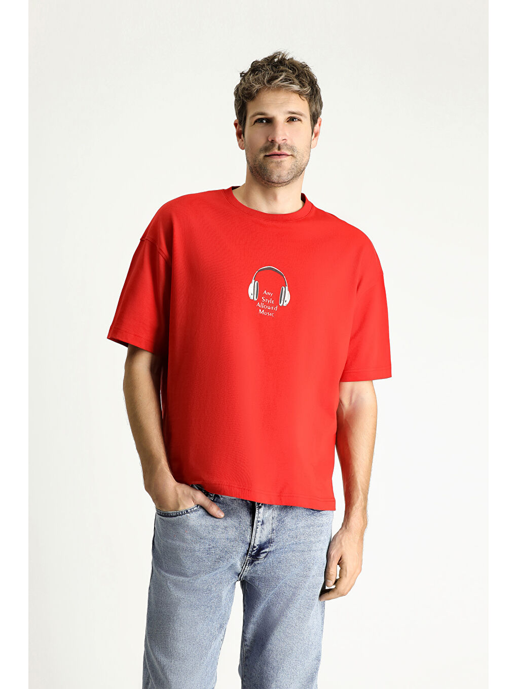 Kırmızı Bisiklet Yaka Oversize Baskılı Süprem Pamuk Tişört-2