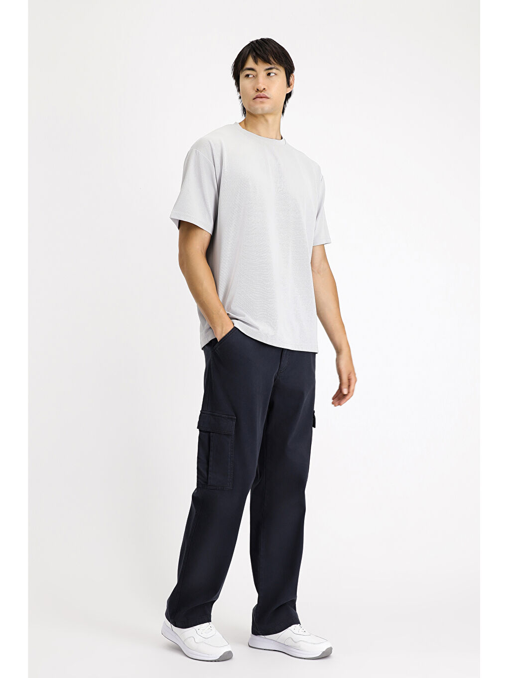 Gri Bisiklet Yaka Oversize Elastanlı Tişört