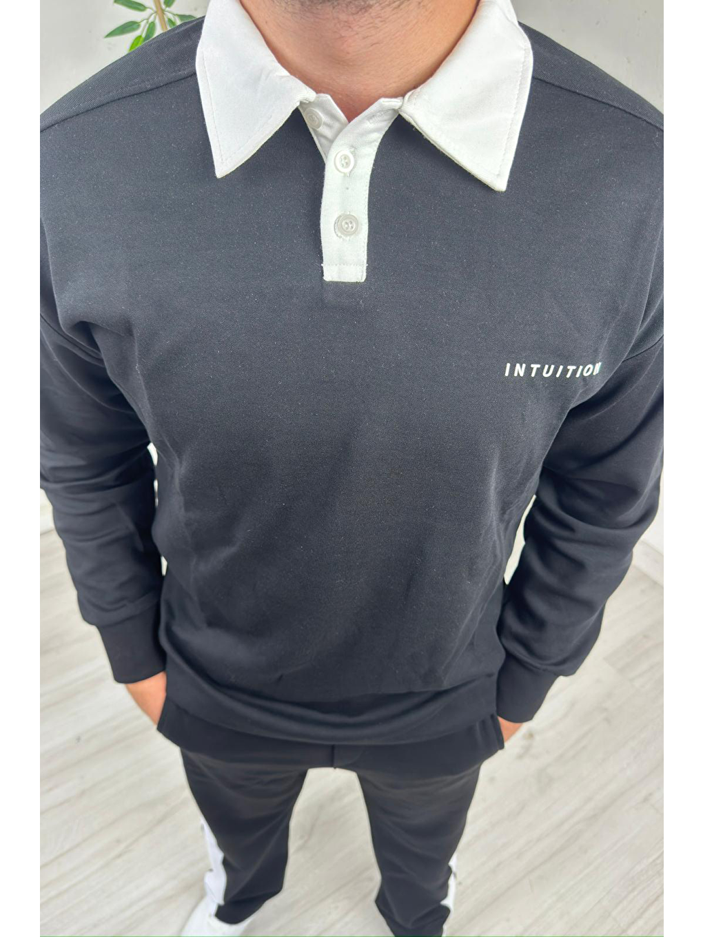 - Erkek Siyah Polo Yaka Baggy Çizgili Günlük Takım-4