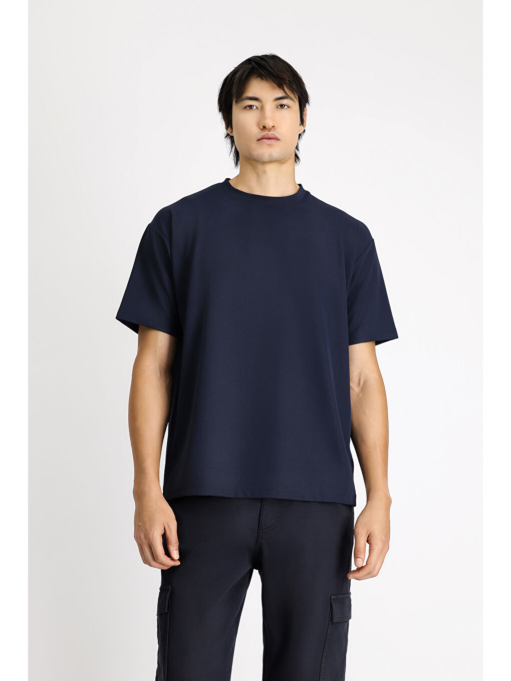 Lacivert Bisiklet Yaka Oversize Elastanlı Tişört-2