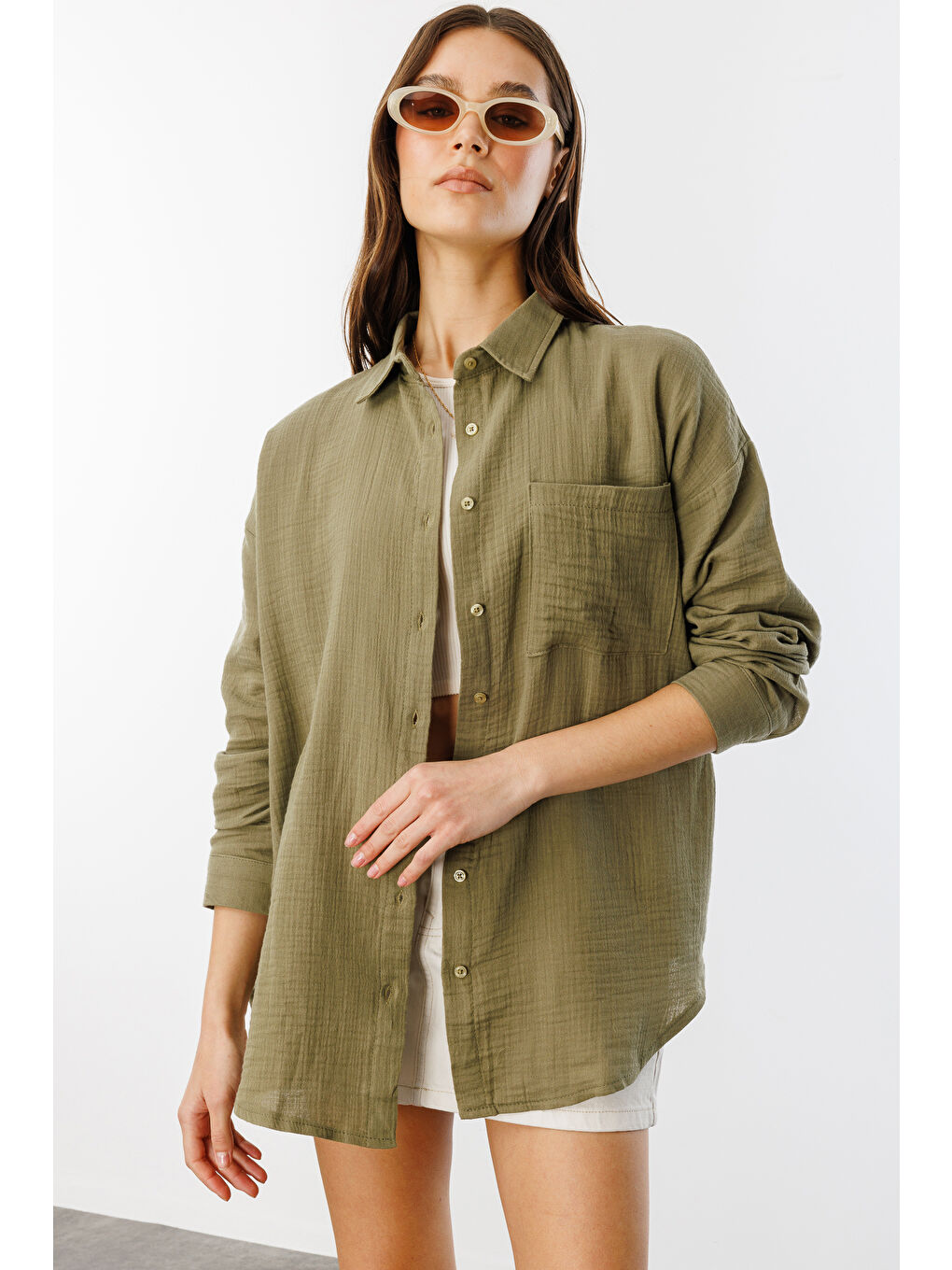 Haki Oversize Basic Müslin Kadın Gömlek KADIN-MÜSLİN-GÖMLEK-2