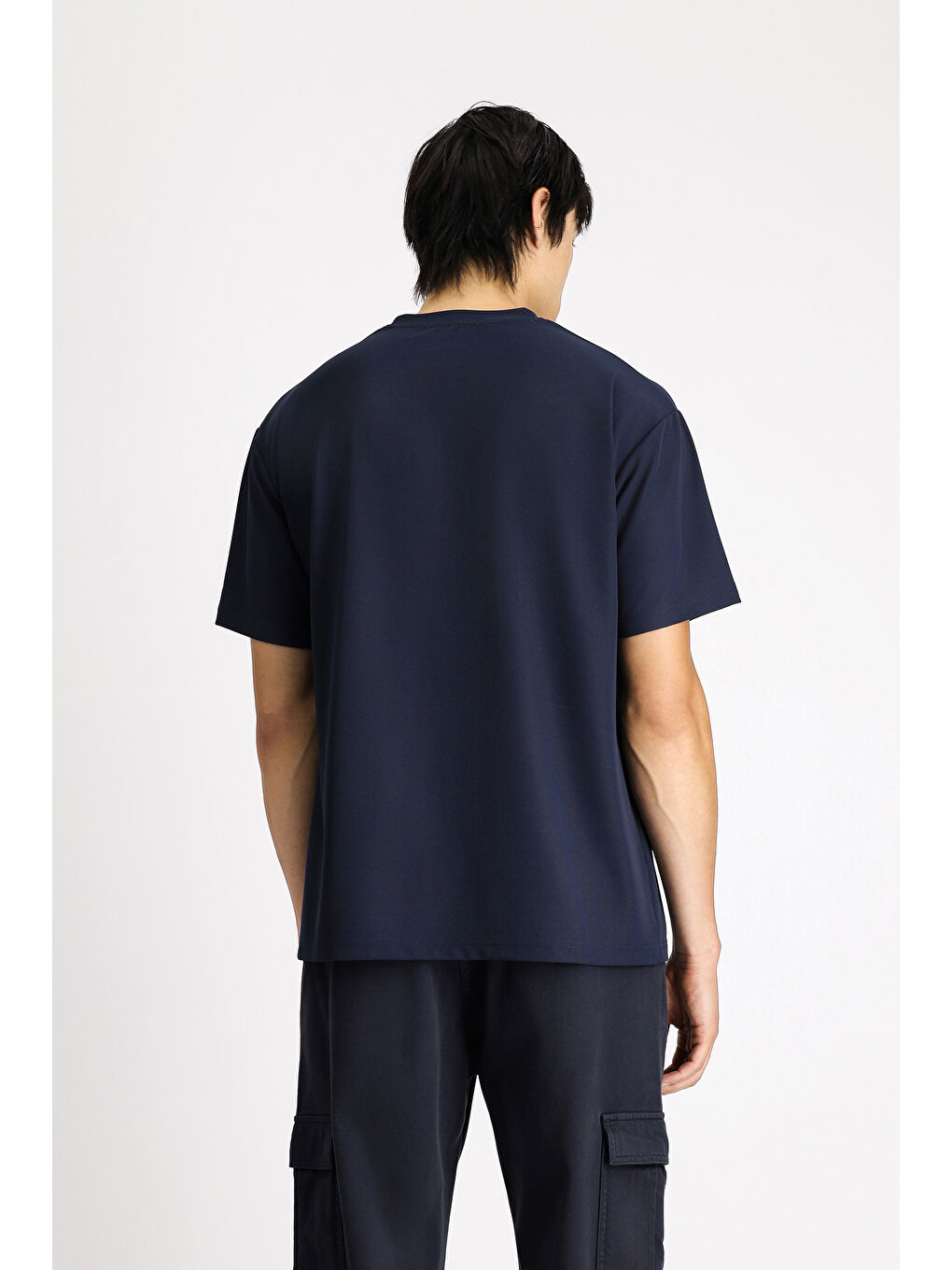 Lacivert Bisiklet Yaka Oversize Elastanlı Tişört-3