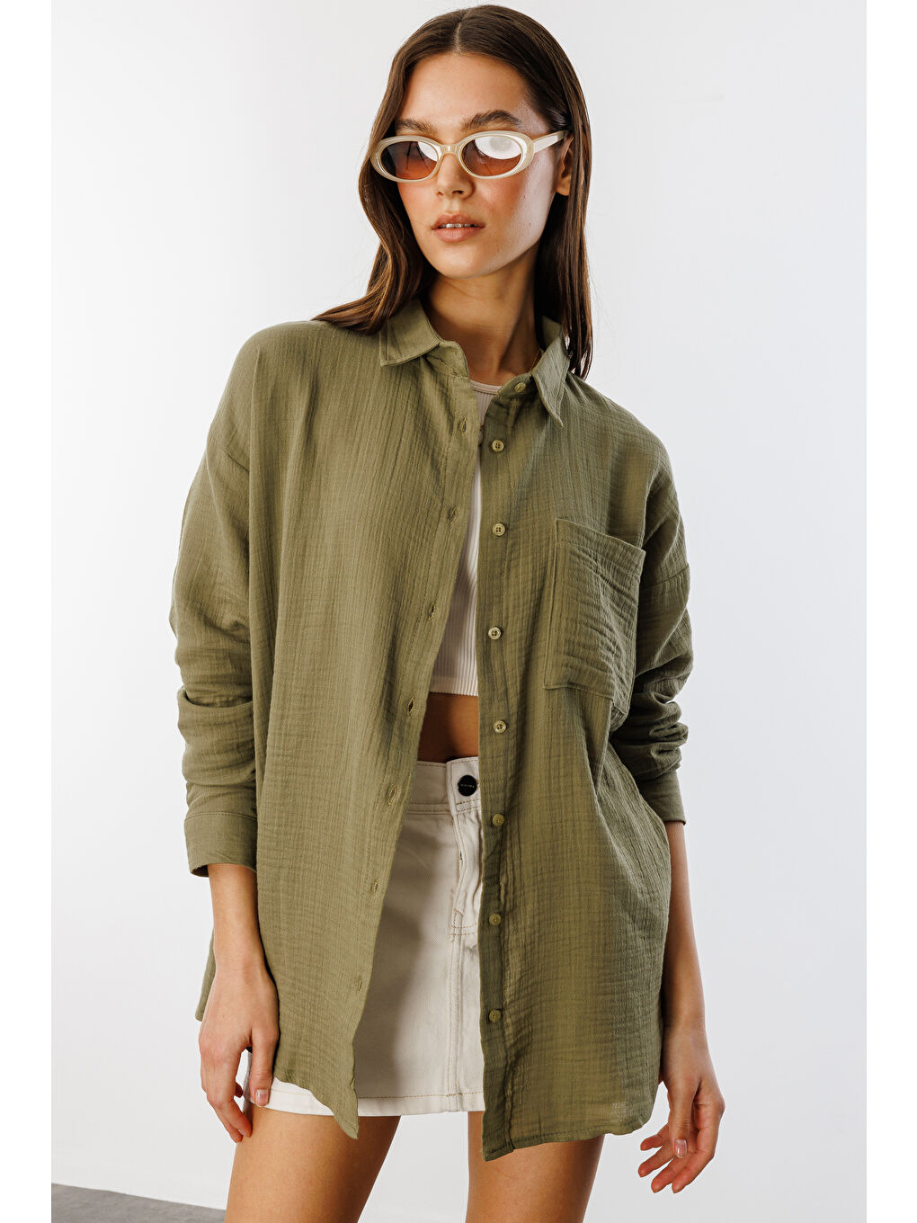 Haki Oversize Basic Müslin Kadın Gömlek KADIN-MÜSLİN-GÖMLEK-3