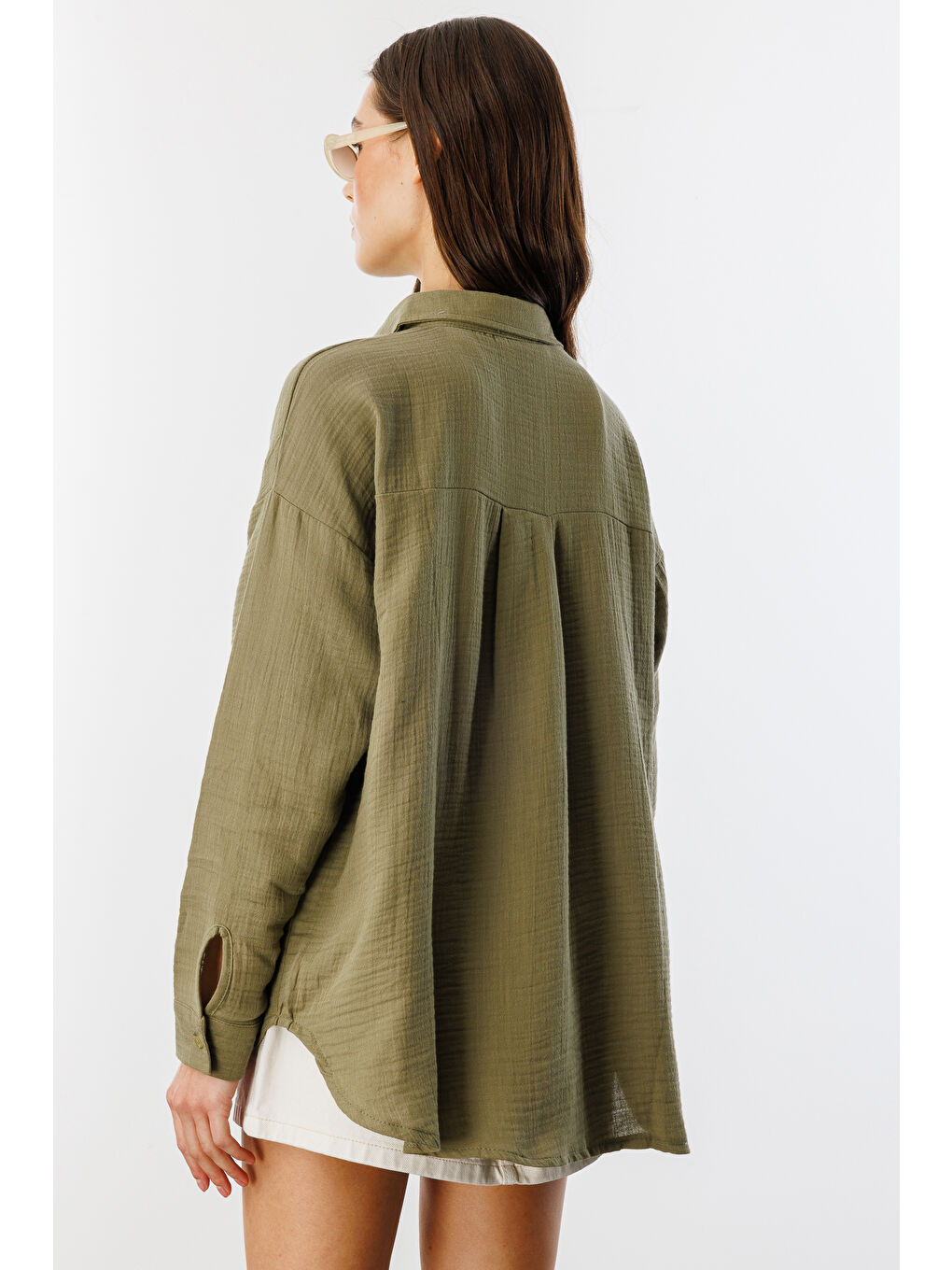 Haki Oversize Basic Müslin Kadın Gömlek KADIN-MÜSLİN-GÖMLEK-4