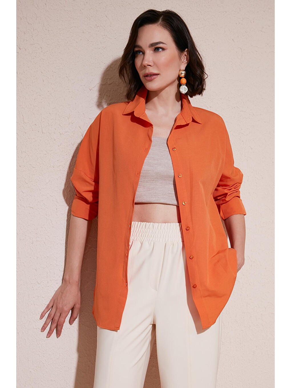 Turuncu Pamuklu Relaxed Fit Düşük Omuz Gömlek 66939002S4