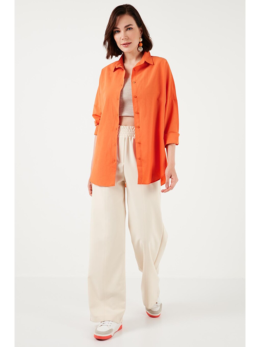 Turuncu Pamuklu Relaxed Fit Düşük Omuz Gömlek 66939002S4-1