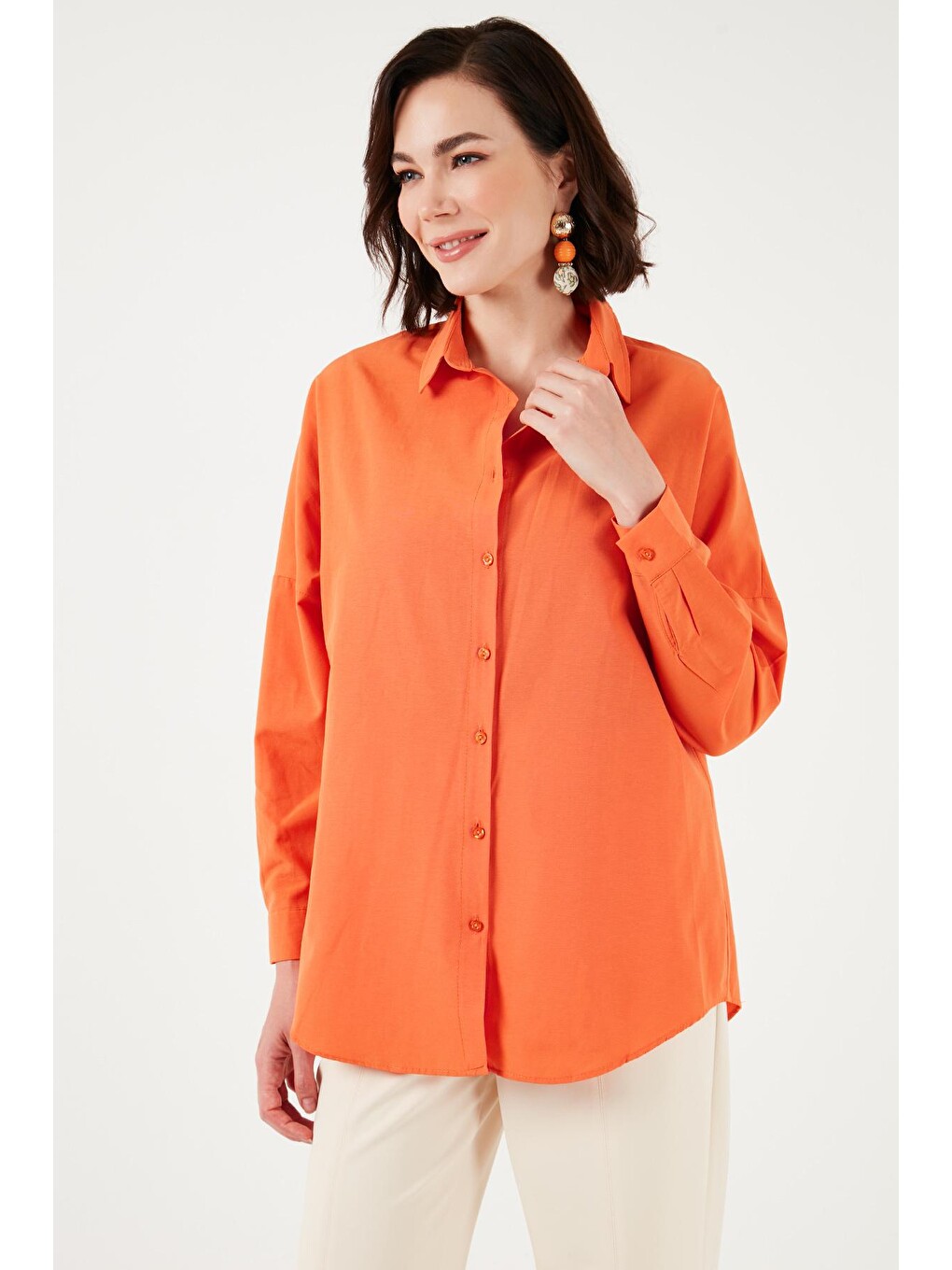 Turuncu Pamuklu Relaxed Fit Düşük Omuz Gömlek 66939002S4-2