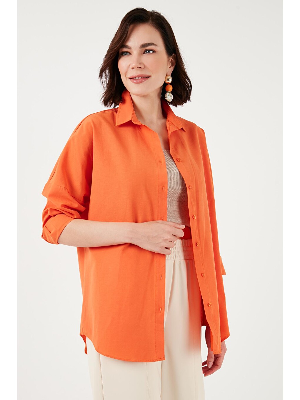 Turuncu Pamuklu Relaxed Fit Düşük Omuz Gömlek 66939002S4-3