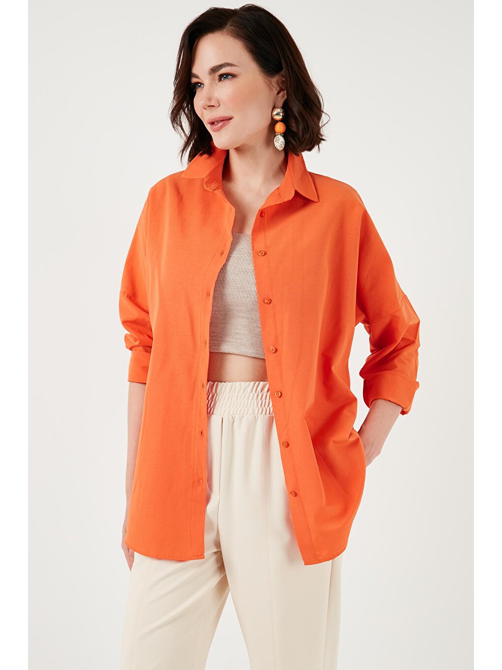Turuncu Pamuklu Relaxed Fit Düşük Omuz Gömlek 66939002S4-4