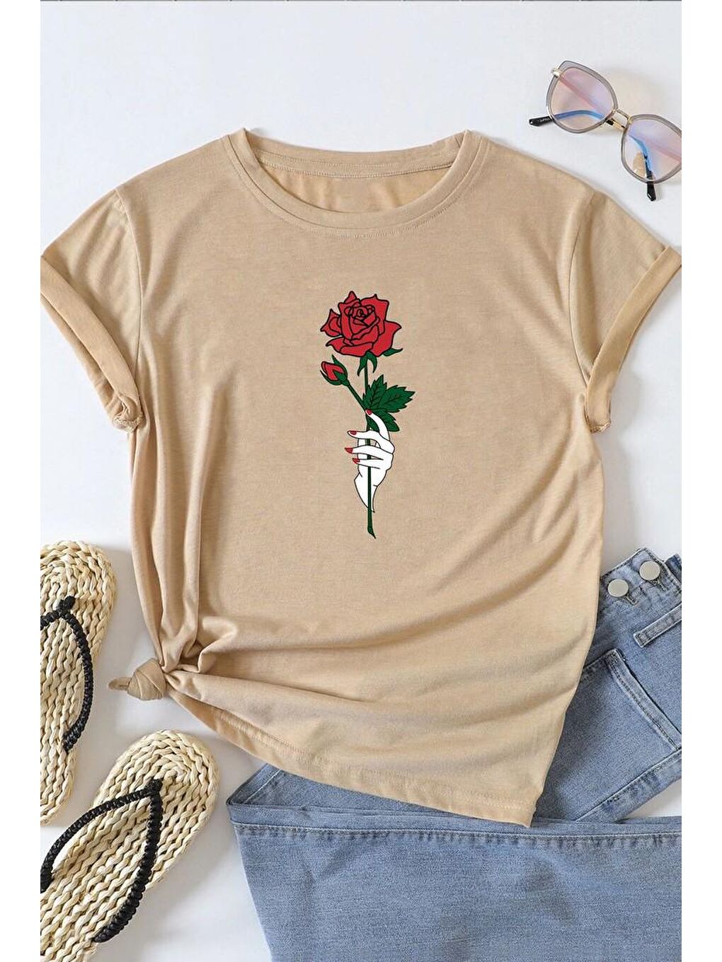 uyguntarz Bej Unisex Rose Baskılı T-shirt