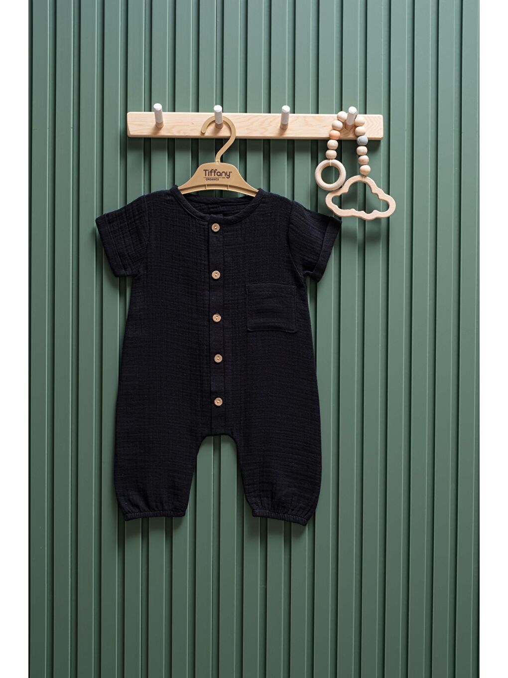 Siyah Yazlık Müslin Uzun Tulum Kısa Kollu 6 24 Ay %100 Pamuk