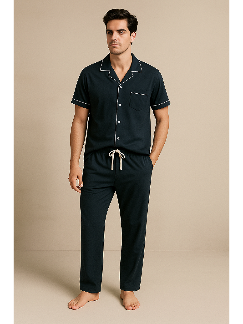 Erkek Silver Düğmeli Pijama Takımı Siyah