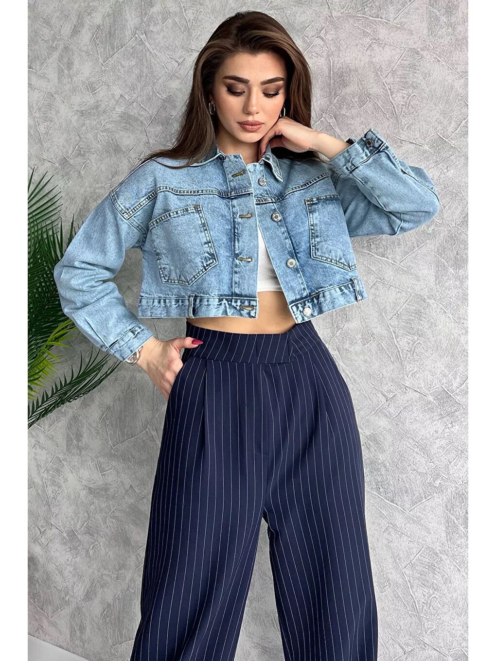 GÜLSELİ Mavi Cepli Crop Top Jean Jean Ceket - 1