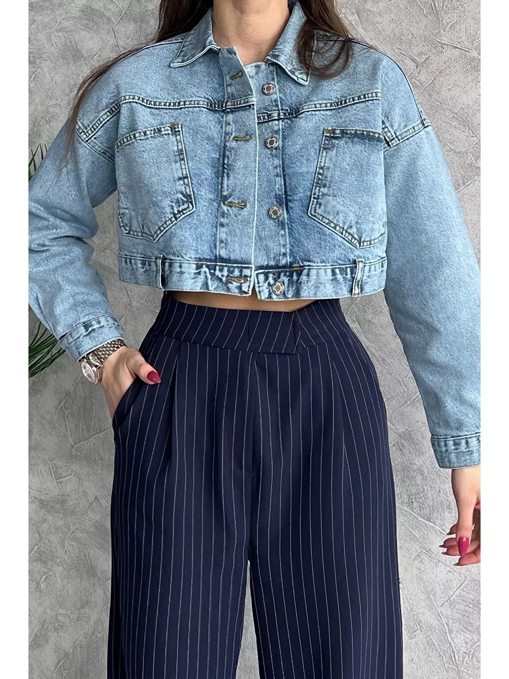 GÜLSELİ Mavi Cepli Crop Top Jean Jean Ceket - 2