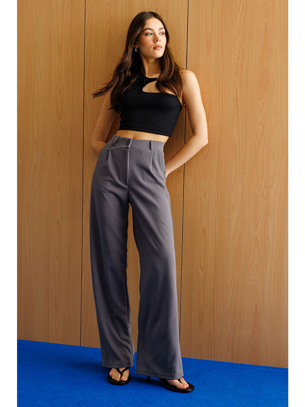 Gri Kadın Oversize Palazzo Pantolon PANTOLON-001-4