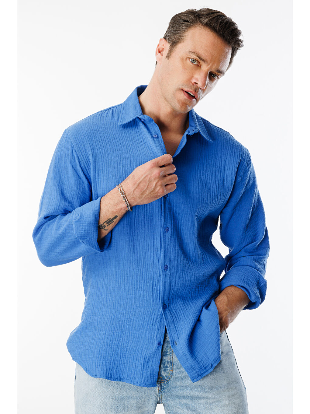 Mavi Oversize Basic Erkek Müslin Gömlek ERKEK-MÜSLİN-GÖMLEK