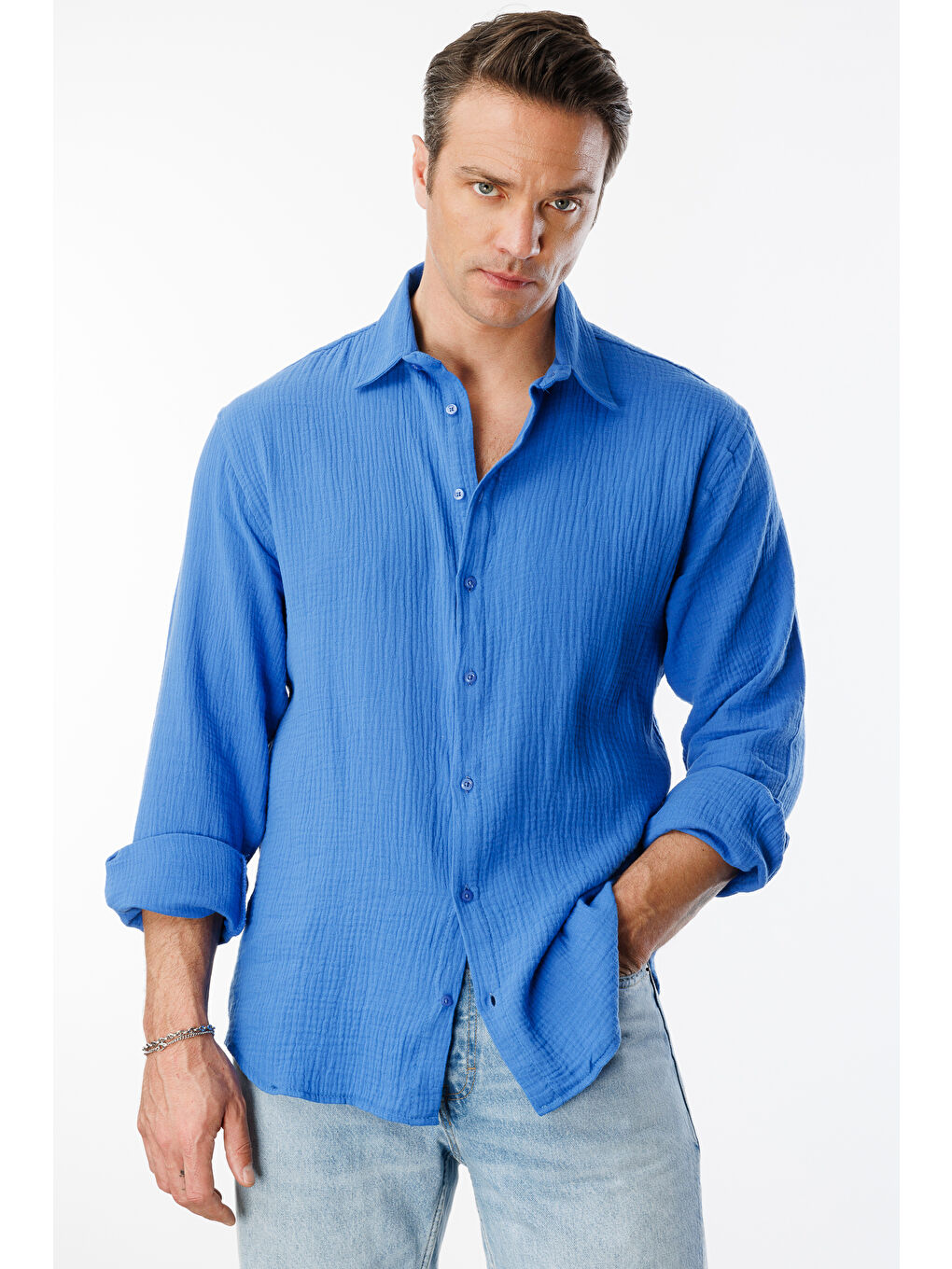 Mavi Oversize Basic Erkek Müslin Gömlek ERKEK-MÜSLİN-GÖMLEK-2