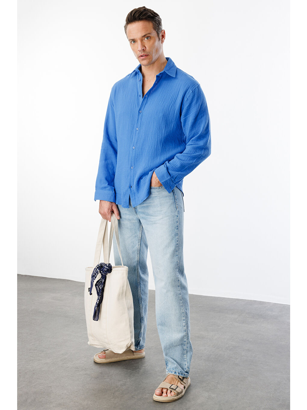 Mavi Oversize Basic Erkek Müslin Gömlek ERKEK-MÜSLİN-GÖMLEK-3