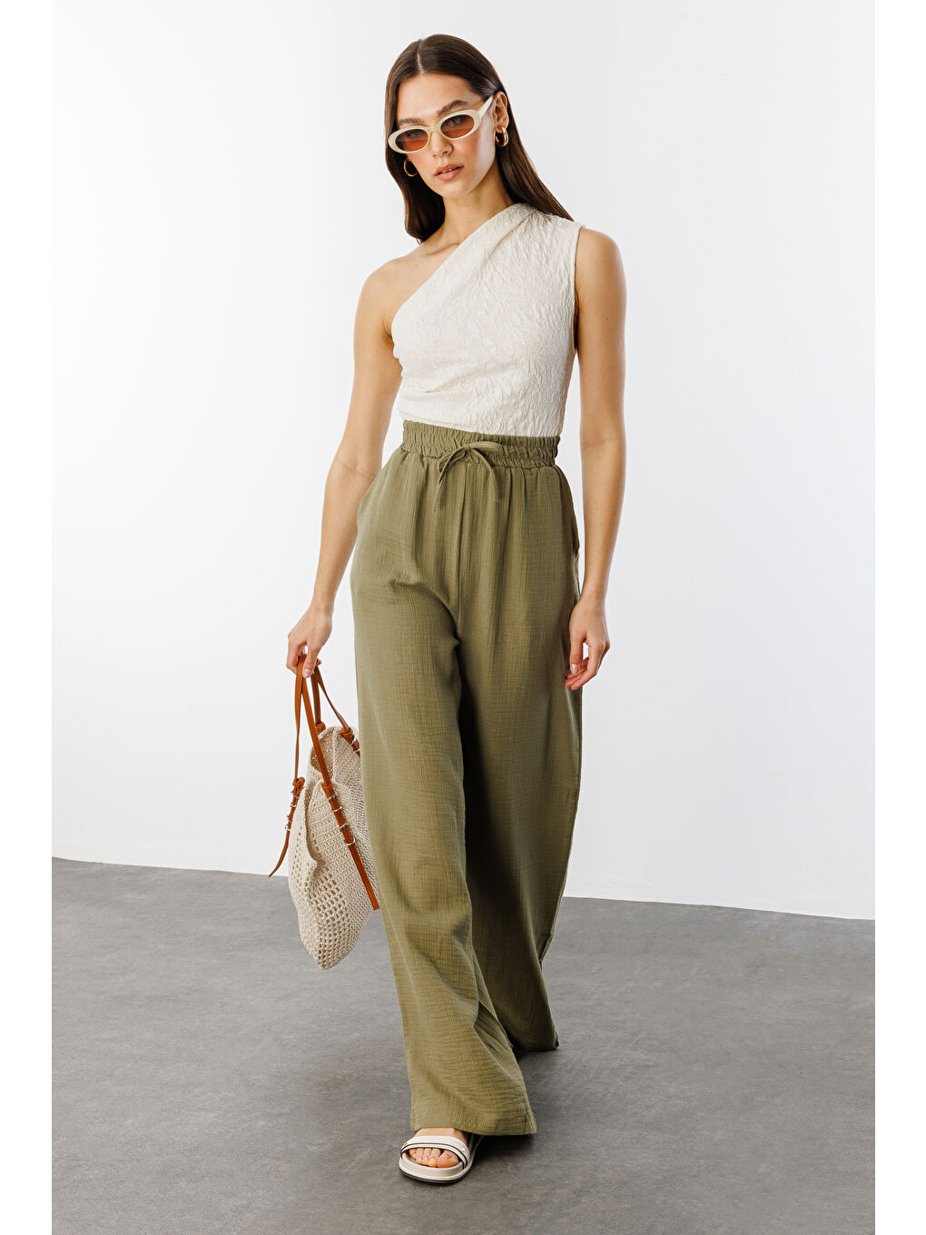 Haki Müslin Palazzo Kadın Pantolon MÜSLİN-PANTOLON